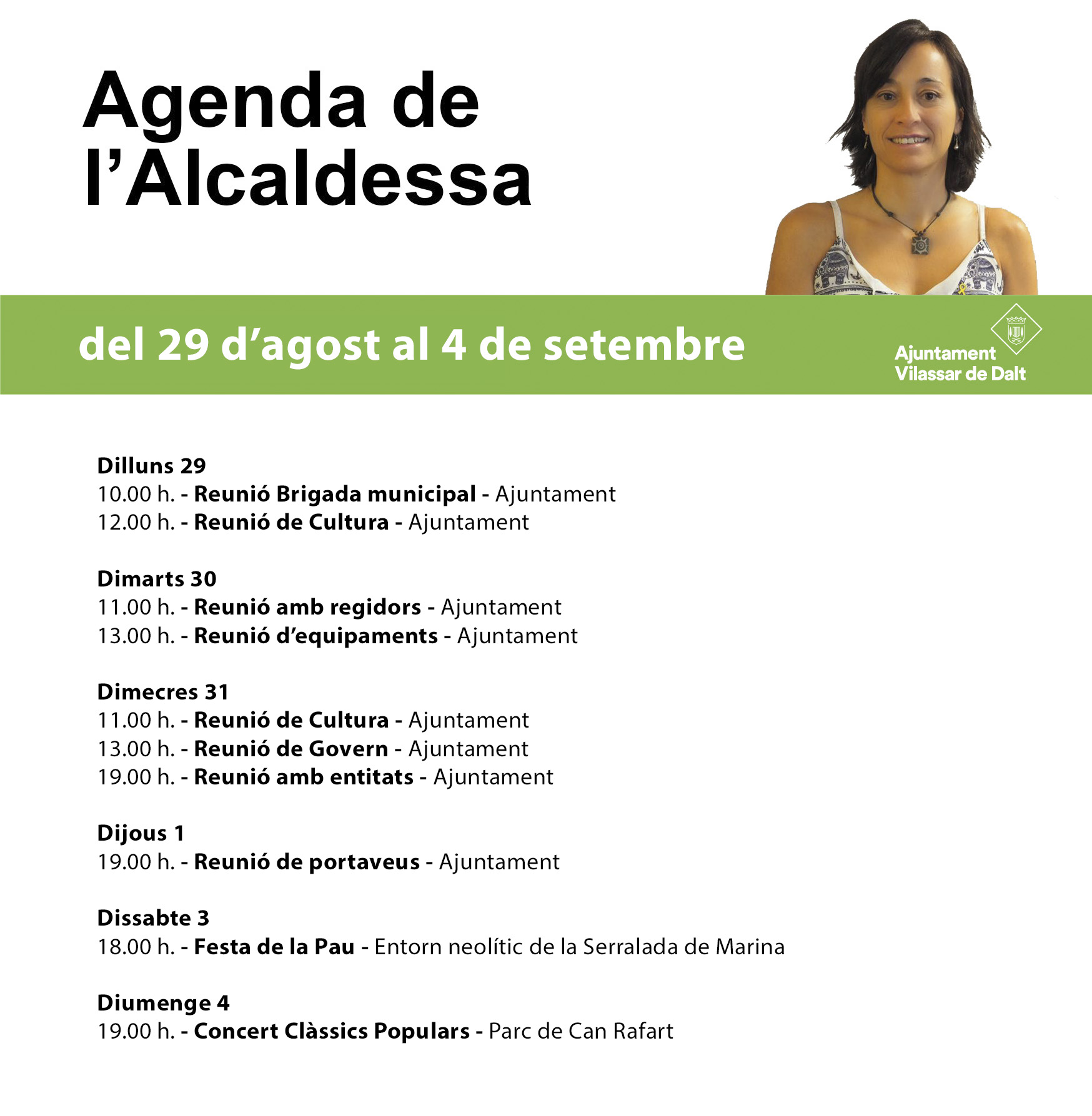 Agenda de l'alcaldessa. Del 29 d'agost al 4 de setembre