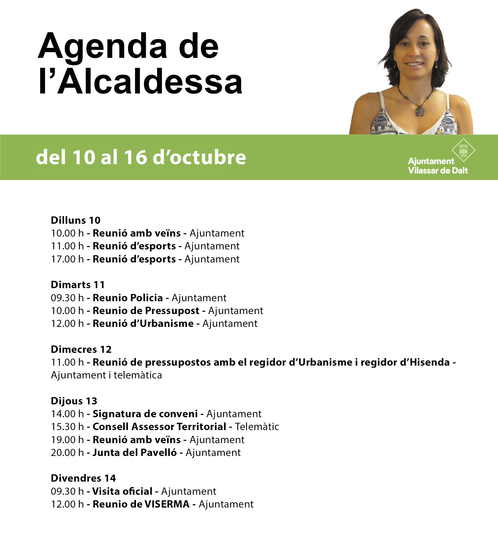 Agenda de l'alcaldessa. Del 10 al 16 d'octubre