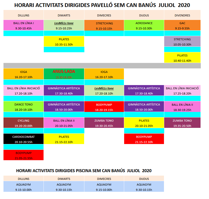 Quadre horari pavelló estiu 2020