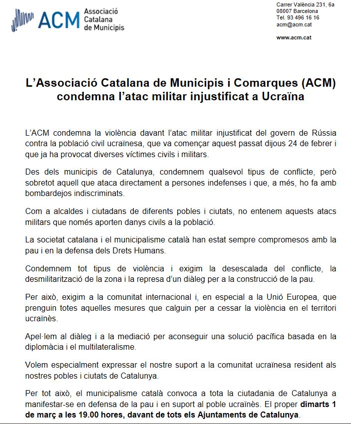 L'Associació Catalana de Municipis i Comarques condemna l'atac militar injustificat a Ucraïna